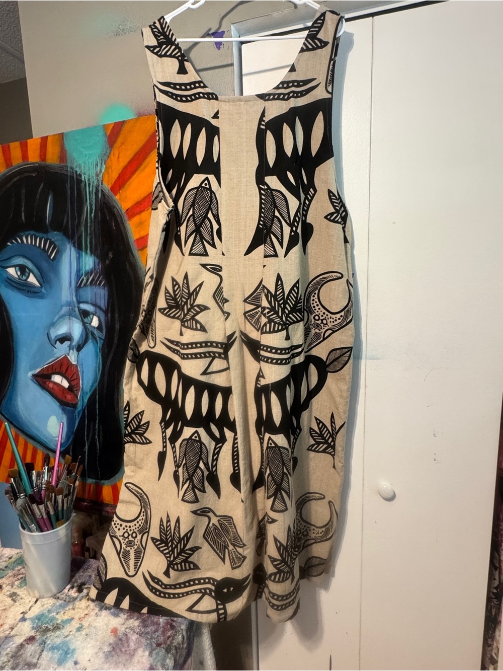 Nefertiti Collection Linen Blend Dress NWT Graphic Tribal African Art XL - Picture 12 of 13